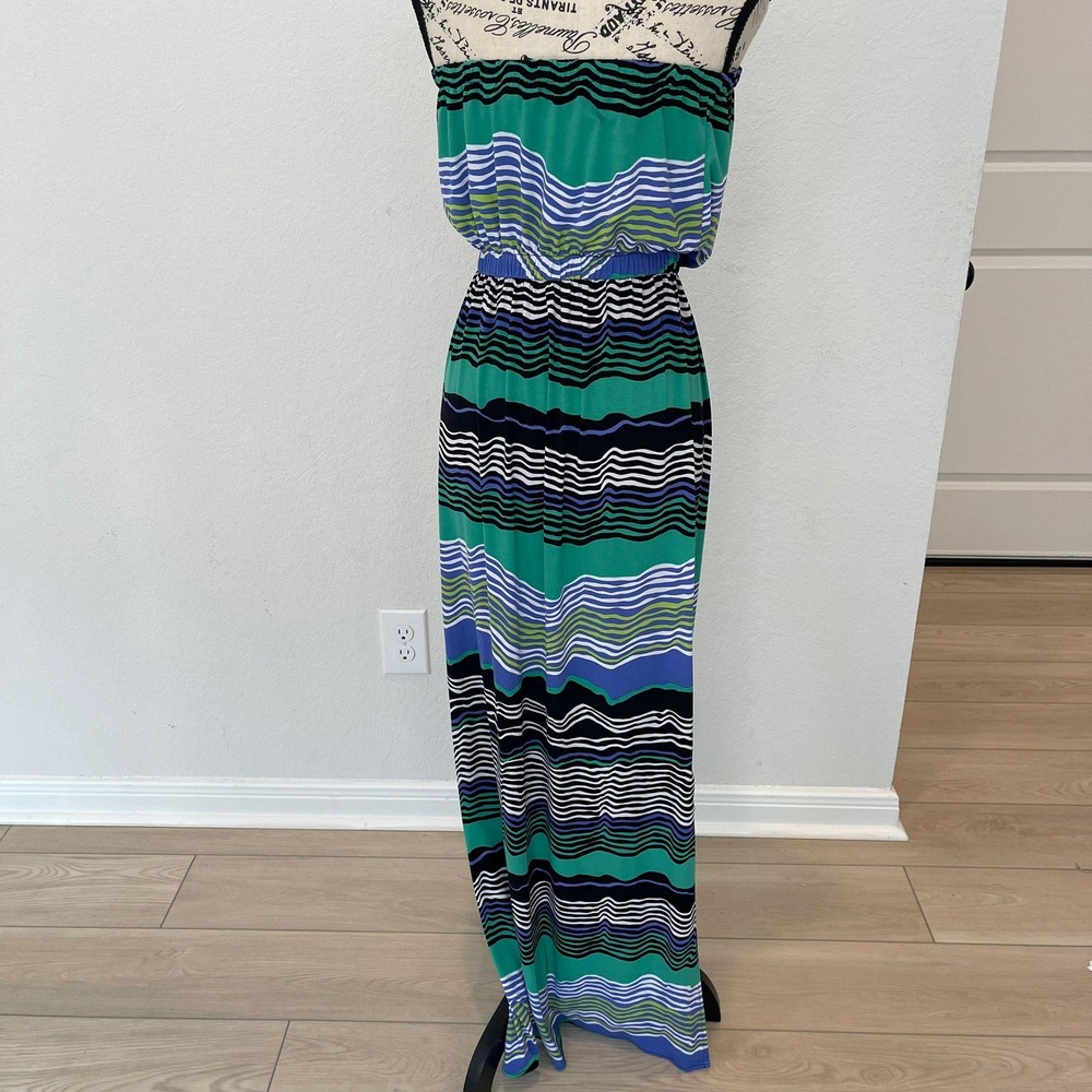 Tori Richard Honolulu Strapless‎ Maxi Dress Green Blue Stripe Beach Cover Up